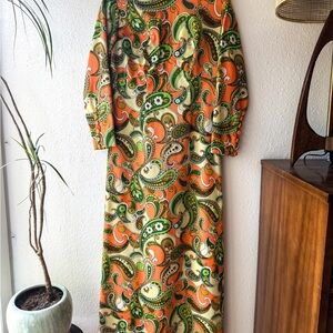 Psychedelic 1970s Handmade Paisley Maxi Hostess Dress